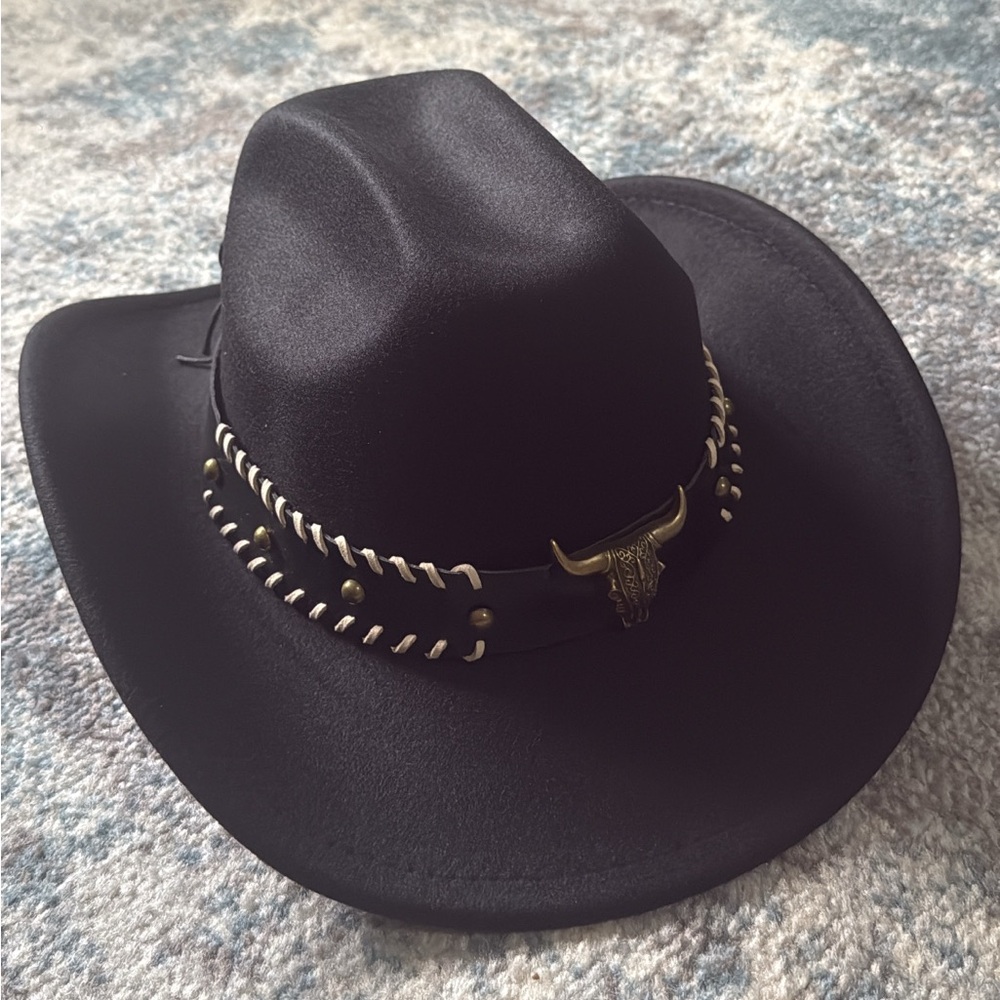 Black Western Cowboy Hat with Bull Headband - Picture 8 of 9